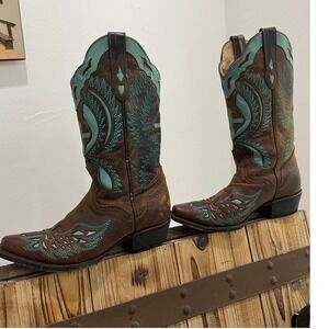 J.B. Dillon Western Boots Women 5.5 B Brown Turquoise Cross Inlay Good Condition